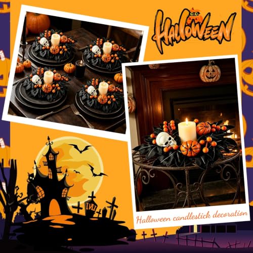 Image of 4 PCS Mini Halloween Candle Rings Skeleton Black Maple Leaves Wreaths
