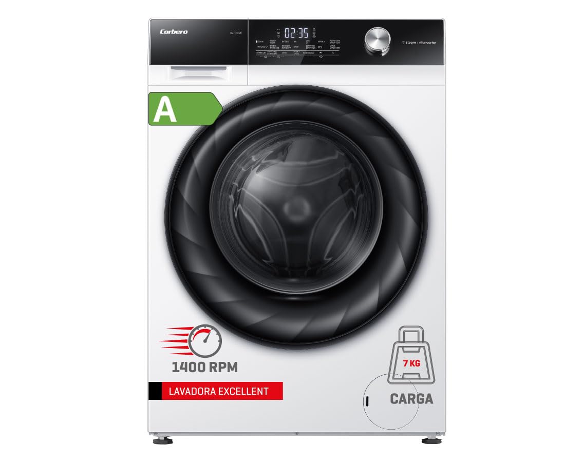 Corberó - Lavadora Carga Frontal | CLH7404MK | 7 Kg | 1400 Rpm | Motor Inverter | 15 Programas | Vapor | Lavado Jet | Inicio Diferido | Puerta XXL | Blanco