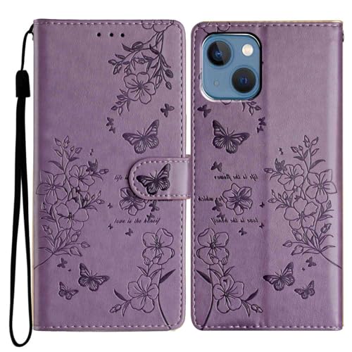Reevermap iPhone 13/14 Case Flip Wallet Case Shockproof PU Leather Butterfly Magnetic Bumper Cover with Kickstand Card Holder Purple
