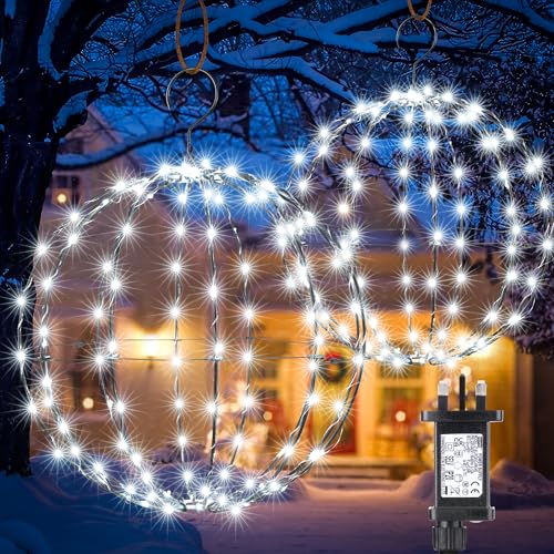 Joomer Outdoor Christmas Ball Lights Mains Powered 33cm 144 LED and 28cm 120 LED Hanging Ball Lights Foldable Sphere Timer 8 Modes for Indoor Party Room Balcony Christmas Decorations(2PC, White)
