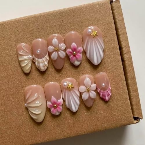 MAGLFELL Press On Nails - 3D Almond Handmade Unique French Fake Nails, Thick Acrylic and Muti-Layer Gel Nails, Reusable Gel Cured Sturdier Fake Nails (Size S)