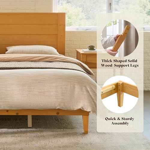 Image of AMERLIFE King Size Bed Frame with 48 inch Tall Headboard, Mid Century Modern Solid Wood Platform Bed with Silent Wood Slat System, No Box Spring Needed, Under-Bed Storage, Natural