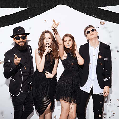 Image of 6 Pack 10 Feet Foil Fringe Garland Metallic Tinsel Streamers Banner Wall Hanging Curtain Backdrop Banner for Parade Floats, Thanksgiving, Christmas, Birthday, Halloween Party Decorations(Black)