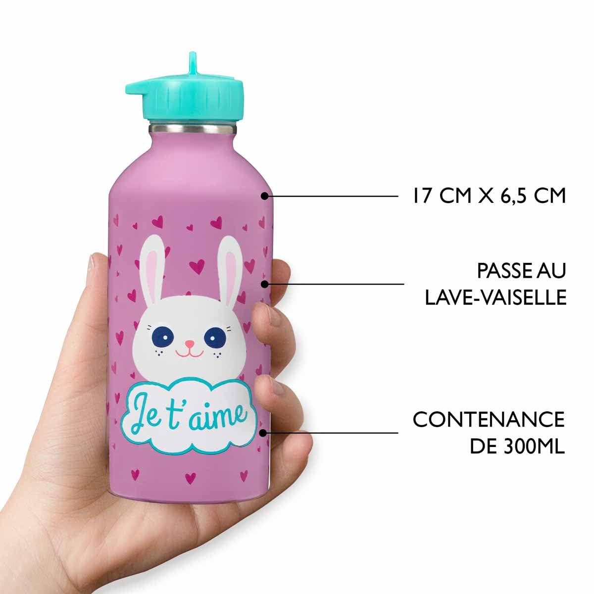 DRAEGER PARIS 1886 - Botella Infantil de Acero Inoxidable con Mensajes Personalizados - Diseño de Animales Adorables - 300ml - Fácil de Usar y Limpiar - Ideal para Escuela y Actividades - Je t'aime