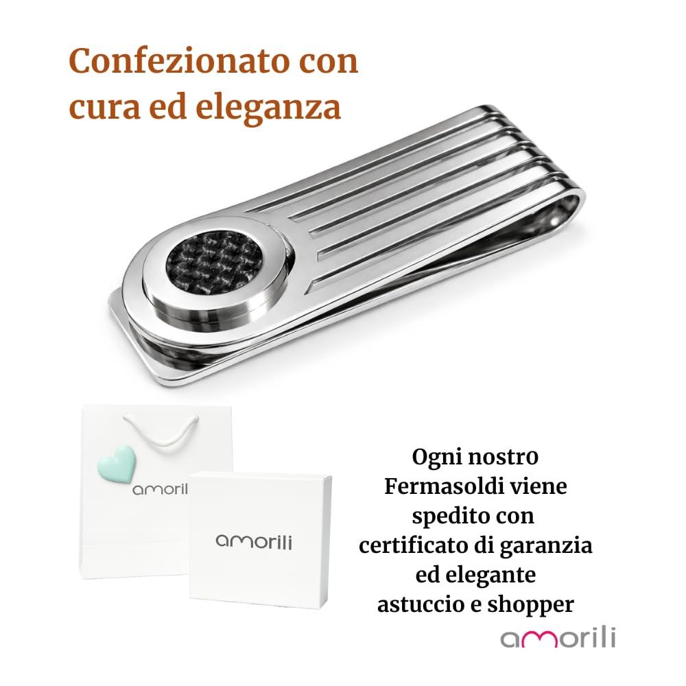 Fermasoldi Uomo in Acciaio Inox con Fibra di Carbonio – Accessorio Moderno ed Elegante – Clip Ferma Banconote a Molla per Soldi – Idea Regalo Uomo
