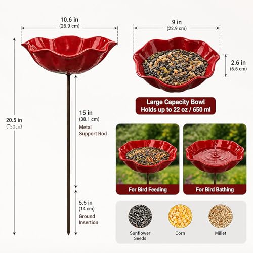 20.5" Metal Flower Garden Stake Bird Bath and Wild Bird Feeder, 22 oz Heavy Duty Metal Yard Art Bowl with 5.5" Deep Ground Stake for Outside Lawn Patio Landscape Decoration, Red by HuijXanqor - Image 2