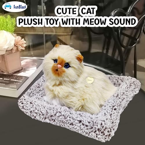Image of FunBlast Cute Cat Plush Toy with Meow Sound, Toy Accessories for Car Dashboard & Home Decor, Realistic Cat Pet Toys with Bed, Gift for Kids (Brown-Random)