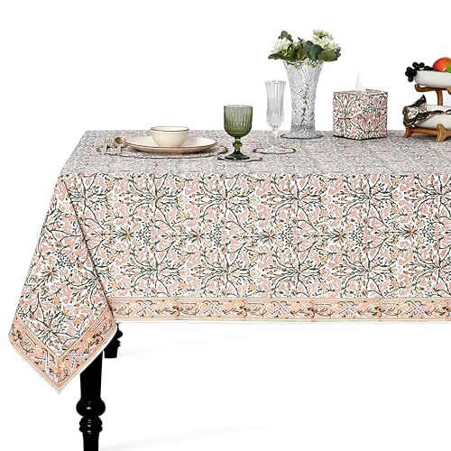 Ridhi Salmon & Green Hand Block Print Rectangle Tablecloth 108x60 Inch