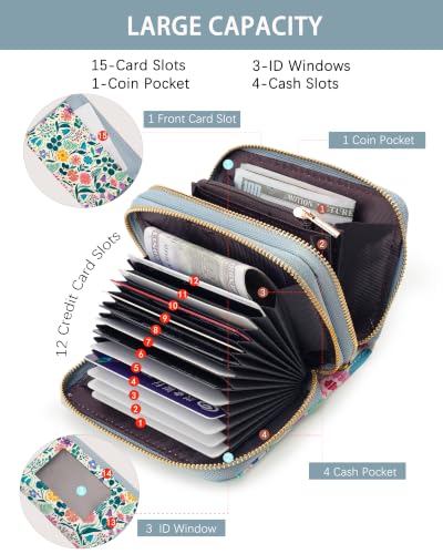 Image of Wildflower Credit Card Holder for Women,Accordion Wallet | RFID Blocking Card Wallet, Vegan Leather with Wristlet, dual independent zipper compartments,17 Card Slots