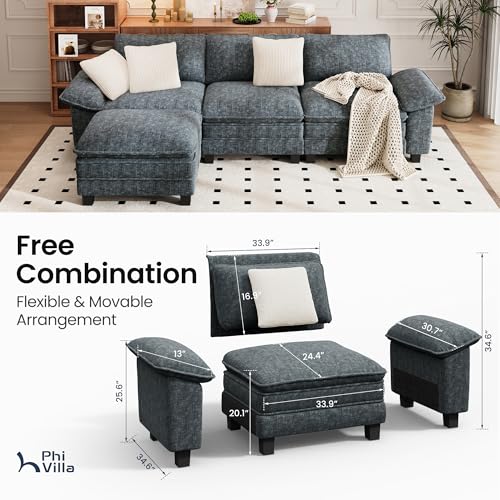 Image of PHI VILLA Cloud Modular Couch Sets, 123.6 inch Sectional Sofa with L-Shaped Chaise, 4-Seater Upholstered Couches with Movable Ottoman for Living Room, Chenille Fabric, Dark Cyan