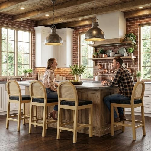 Image of STHOUYN Rattan Bar Stools Set of 2, Wooden Counter Height Stools with Natural Rattan Woven Back and Chenille Seat, Mid-Century Modern Island Chairs Barstools for Kitchen (2, Black)