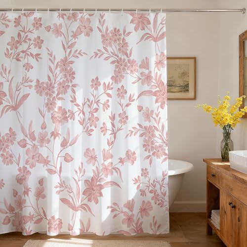 Mocsicka Floral Shower Curtain with 12 Hooks, Pink Flowers Shower Curtain for Spring Floral Bathroom Decor, Waterproof Fabric Pink Curtain for Bath Bedroom Dorm, 72 X 72 Inch