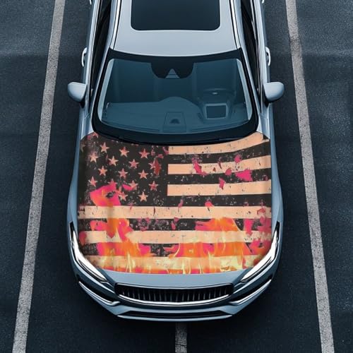 Image of Black US Flag Flames Car Hood Cover Protector Car Hood Wraps Auto Banner Stretchable Auto Decorative Accessories for Compact Sedans SUV Trucks (59x39 Inch)