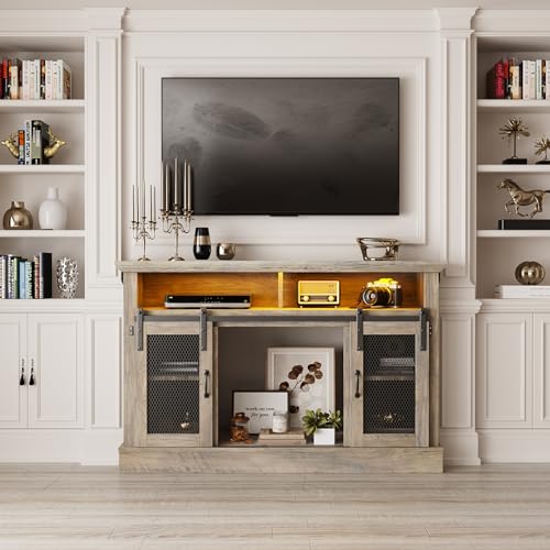 Image of Vabches Farmhouse TV Stand for TVs Up to 55 Inches, Entertainment Center with LED Lights, Modern Media Console Table with Sliding Barn Door, Grey