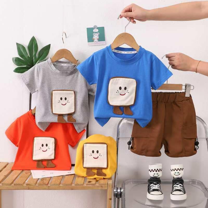 Image of Bold N Elegant Unisex Kid Cotton Solid Playful Happy Face Print Half Sleeve T-Shirt & Denim Shorts Summer Clothing Set