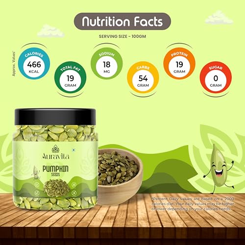Image of Auravita Premium Pumpkin Seeds 100GM | Raw & Natural Seeds for Eating | Protein Rich Healthy Snacks | Immunity Booster Superfood for Gift | High Fiber Diet Seeds | Vegan & Gluten Free