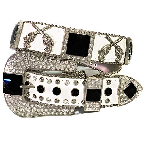 Western Peak White Black Rhinestone Dual Gun Studded Floral Carve Buckle Belt