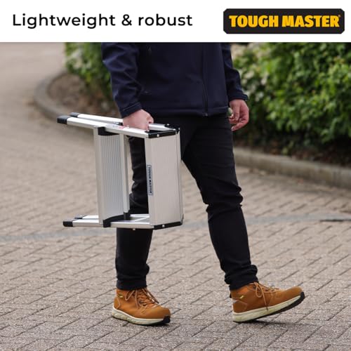 Trittleiter mit 2 Stufen, doppelseitig, zusammenklappbar, 20 x 33,5 cm, robuste Aluminiumplattform, 150 kg Kapazität, Mehrzweck-Heimwerker, für drinnen und draußen TOUGH MASTER