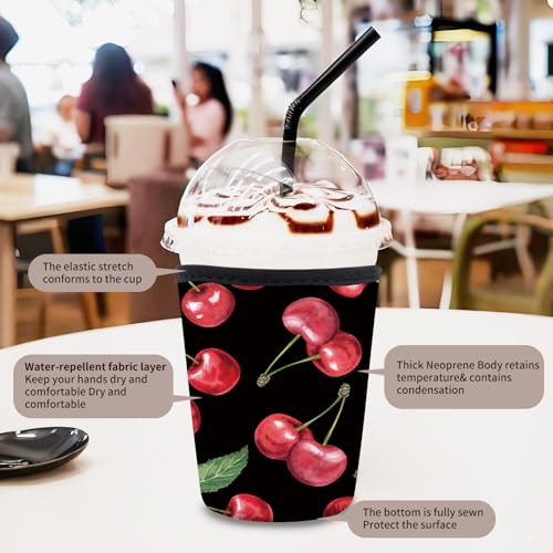 Image of 3 Pack Reusable Neoprene Insulator Sleeve for Iced Coffee Cups, Funny Coffee Cup Sleeves for 16-32oz Coffee cups, Cute Drink Sleeve for Cold Hot Beverages Watercolor Cherry