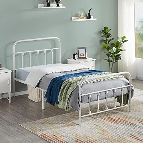Topeakmart White Sturdy Metal Platform Bed Frame Mattress Foundation Iron-Art with Classic Victorian Style Headboard and Footboard Under Bed Storage No Box Spring Needed Twin Size