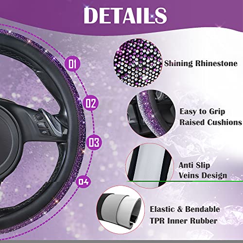 Image of CAR PASS Bling Diamond Leather Steering Wheel Cover, Bling Sparkly Crystal Glitter Rhinestones Universal Fit 14 inch 1 /2-15 inch Car Wheel Protector for Women Girl Fit Suvs,Vans,Sedans,Trucks, Purple Silver