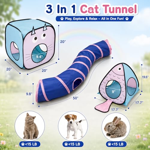 Image of Rypet Cat Toy Tunnel and Cubes Bundle - Interactive Crinkle Collapsible Cat Tube and Foldable Cubes Playground for Kitty, Rabbit, Puppy, Ferret Hiding Hunting and Resting