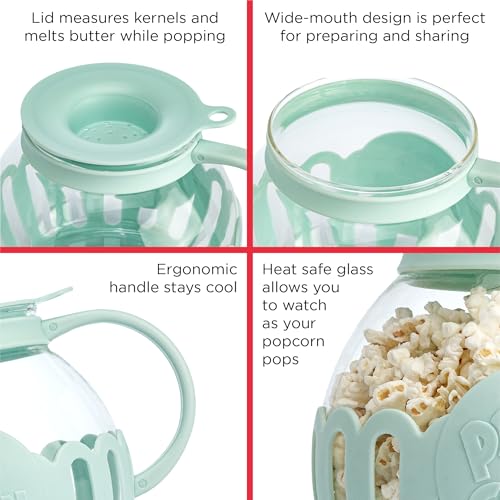 Ecolution Patented Micro-Pop Microwave Popcorn Popper with Temperature Safe Glass, 3-in-1 Lid Measures Kernels and Melts Butter, Made Without BPA, Dishwasher Safe, 1.5-Quart, Aqua