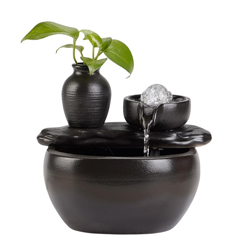 Fontaine à eau en céramique avec humidificateur, décorations d'aquarium pour la maison, le bureau, le salon, la décoration de bureau, petite fontaines cascade pour intérieur (sans humidificateur, noir