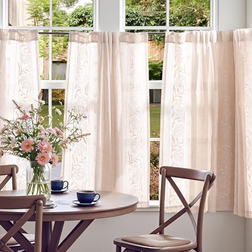 Image of jinchan Ivory Floral Linen Kitchen Tier Curtains 45 Inch Back Tab 2 Panels