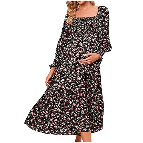 Vestido de Maternidad Mujer Manga Larga Embarazadas Ropa Fruncida para Embarazadas Moda Estampado Flores Elegante Casual Primavera Verano Vestido Largo premamá Vestidos de Noche