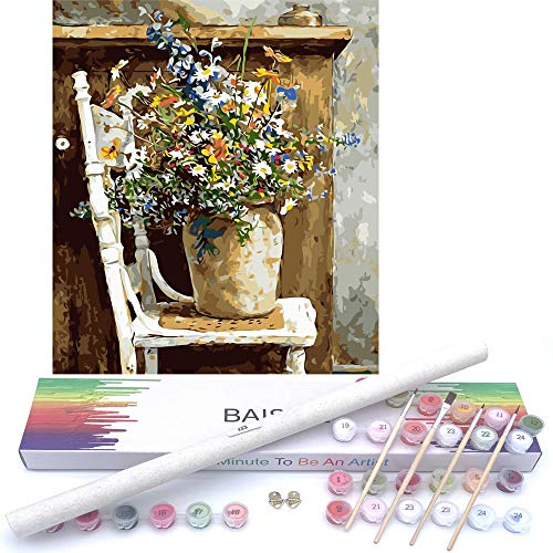 BAISITE DIY Paint by Numbers for Adults,16 Wx20 L Canvas Pictures Drawing Paintwork with Paintbrushes,Acrylic Pigment-Flowers BSC003
