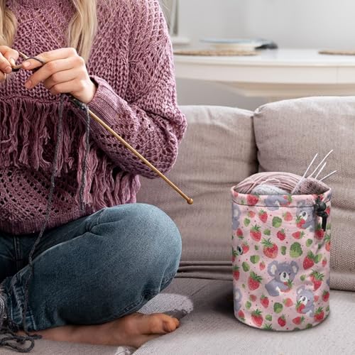 Image of Sellikakes Koala Strawberry Yarn Bag with Drawstring, Knitting Crochet Yarn Storage Bags Organizer Crochet Accessories for Crocheting Project, Store Skein Ball,Short Knitting Needles