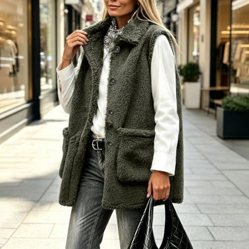 Womens Sherpa Fleece Vest Collared Button Front Pockets Casual Fall Layer - image 3