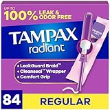Tampax Radiant Tampons for Women, with LeakGuard Braid, Regular Absorbency, Unscented, 84 Count (3 Packs of 28)
