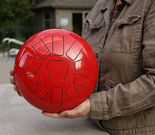 Steel Tongue Drum 11 Notes 10 Inches Tank Drum, Handpan Drum, Chakra Drum, Percussion with Padded Travel Bag and Mallets (10 Inches, Red)