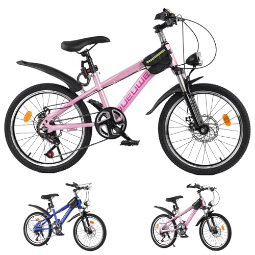 OOFAYJIA 20 24-Inch Kids Mountain Bike for Boys and Girls Aged 7-14 Featuring 7-Speed Gearing Suspension Fork Dual Disc Brakes Led Headlight Multiple Colors (Pink 20 Inch)