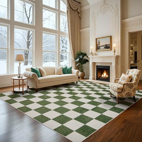 Washable Rug 8x10 Checkered Rug, Green and White Area Rug,