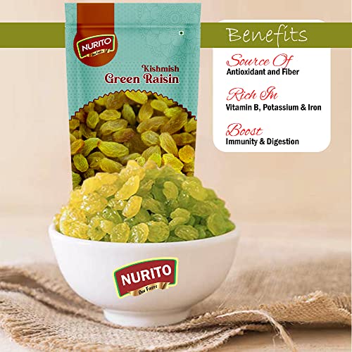 Image of Nurito Kishmish (Green Raisins) 600 Grams (200gm X 3) - Hari Darakh | Green Raisns Nutrient-Rich Superfood for Energy |Hari Kishmish Rich Source of Potassium & Dietry Fiber - This seedless Kishmish is the Best Snack for Every Age Group | Kishmish | Delicious Snack
