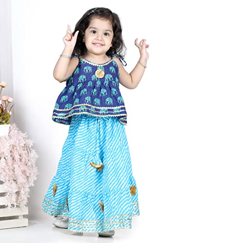Hathi Print Pure Cotton Top Leheriya Lehenga for Girls-Blue3