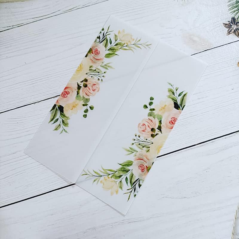 Translucent Envelopes,Vellum Jackets, 50PC/LOT Transparent Watercolor Floral Wedding Invitation Card Cover Semi Invites Jacket Wrap(Color:Flower, Size : Wrap N Invitation) (Color : Purple flower, S