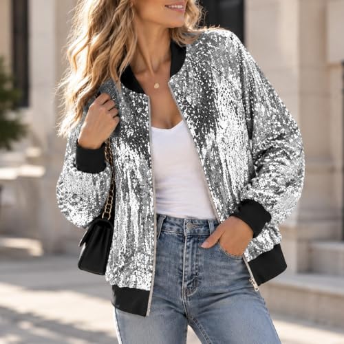 Sequin Jackets for Women 80S 90S Bomber Jacket Zip Up Sparkly Party Coat - image 3