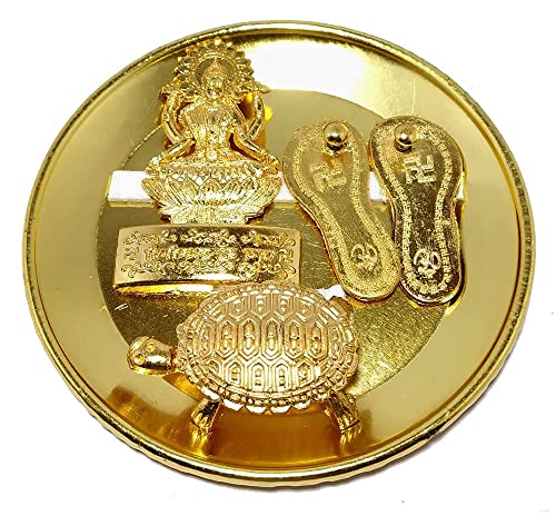 SAI MART Brass Laxmi Charan Paduka,Wish Fulfilling Tortoise/Turtle Feng Shui Plate Vastu Pooja/Puja Yantra Good Luck Living Positivity, Wealth, Money, & Longevity 3 inch Best Career Gift Gold