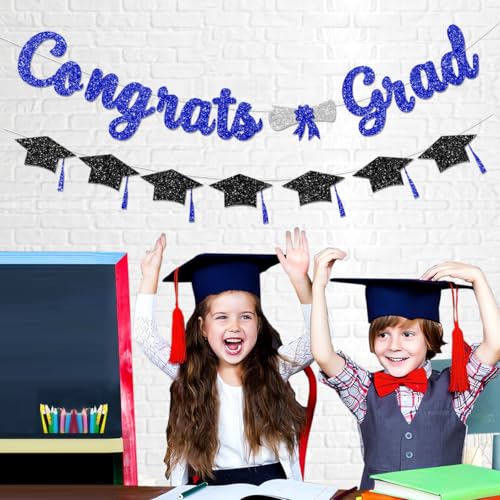 Image of Congrats Grad Congratulations Decorations Banner Pre-Strung Glitter Blue Graduation Class of 2026 with Tassel Decor College High School Party Favors NO DIY