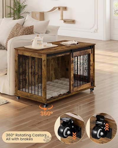 EUGAD Hundekäfig Möbel, 100cm Hundebox Zuhause mit 2 Türen 5 Rädern, Hundegitter für große mittlere kleine Hunde, Hundehütte Indoor, Dekorative Haustierkiste für den Innenbereich Vintagebraun