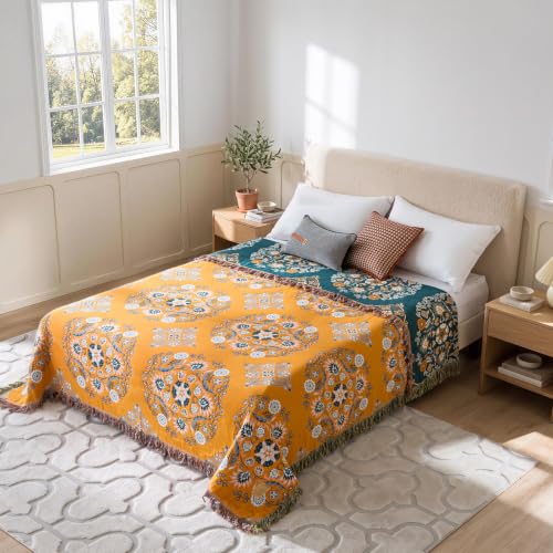 Image of LUTBM Boho Throw Blanket for Bed 60 inchx80 inch, 100% Cotton Yellow Couch Blankets