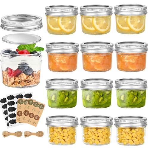 Image of TUZAZO 4 oz Mini Mason Jars with Lids 12 Pack, 4oz Small Glass Mason Canning Jars for Jam Jelly Yogurt Dessert, Shower Wedding Favors Decor