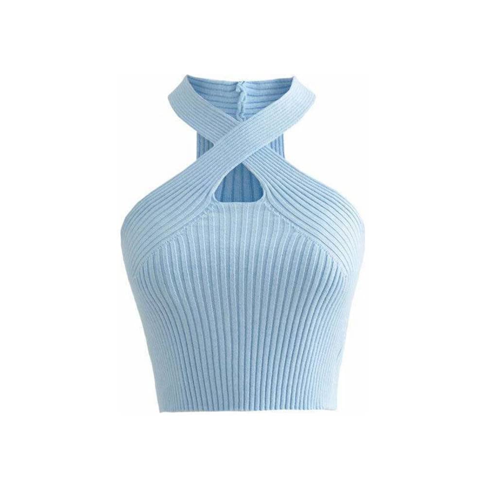 KOEMCY Crop Tops for Women Crisscross Halter Tank Tops for Women Sexy Summer Sleeveless Crop Tops Cropped Tank Tops (Blue)