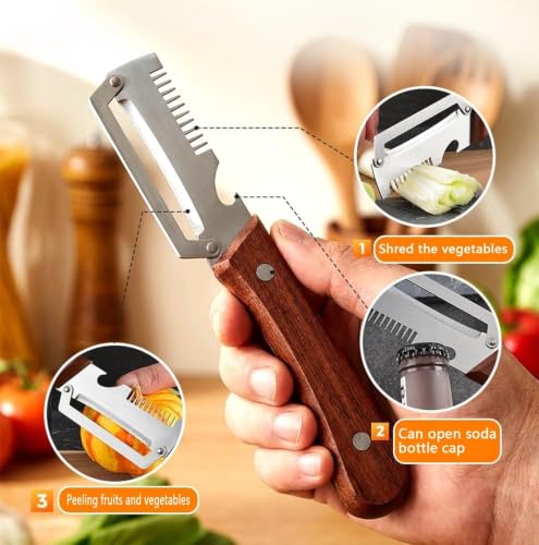Image of 3-in-1 Multifunctional Vegetable Peeler, Stainless Steel Kitchen Peeler with Real Wooden Handle, Scallion Shredder & Bottle Opener, Upgraded Wide-Tooth & Sharp Peeling Blade Designs