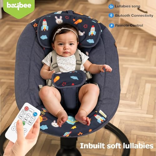 Image of BAYBEE Electric Baby Swing Cradle for New Born Baby | Rocker for Babies with Adjustable Speed & Safety Belt | Automatic Swing Cradle with Mosquito Net, Music & Toys for Infant Boys Girls (Deep Blue)