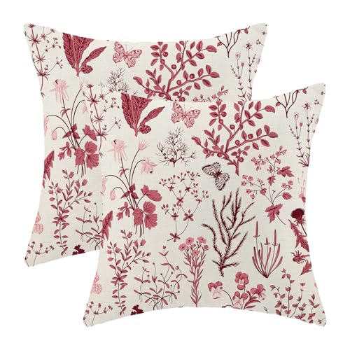 Image of Christmas Pillow Covers 18x18 Inch Set of 2,Burgundy Red Wild Flower Plant Throw Pillows Case,Seasonal Floral Outdoor Decorative Square Linen Farmhouse Decor Cushion Covers for Home Sofa bed Couch